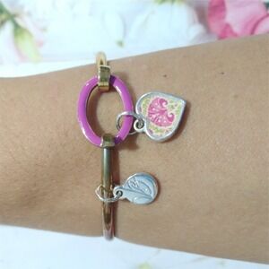 Vera Bradley Pink Hinged Bangle Bracelet Heart Leaf Floral Dangle Charms